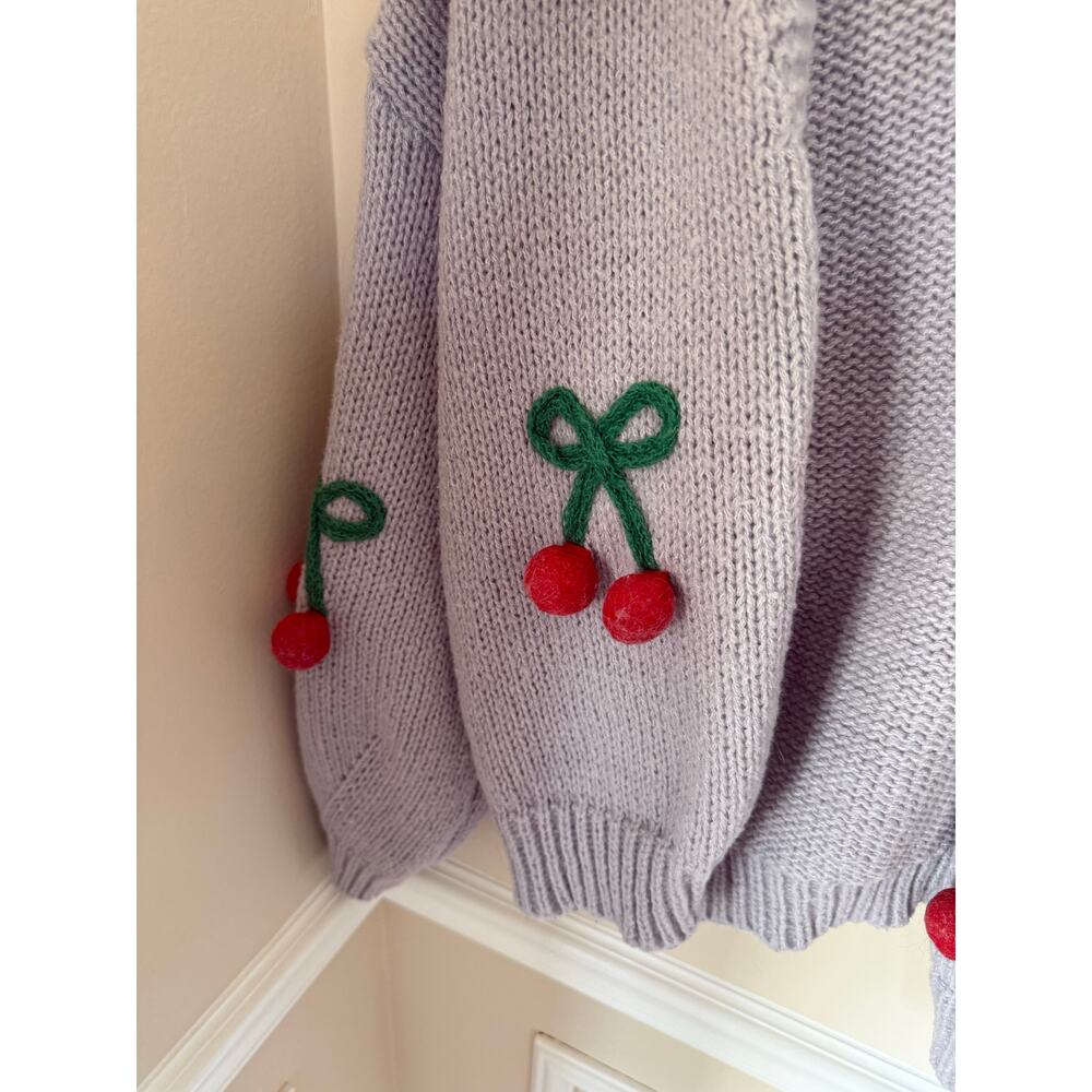Luna and Ivy Purple Knit Crewneck Sweater Open Front Preppy Cherry Details - Picture 5 of 12
